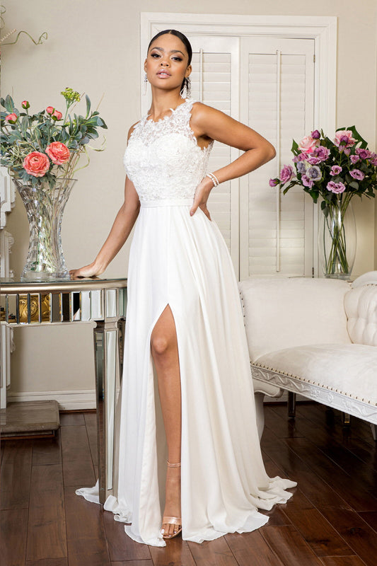 Embroidered Bodice Chiffon Long Dress Sheer Back - Mask Not Included GLGL1952 Elsy Style Wedding Dresses