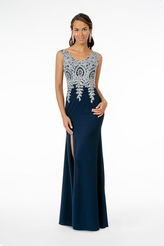 Embroidered Bodice V-Neck Jersey Long Dress Slit GLGL1839 Elsy Style PROM