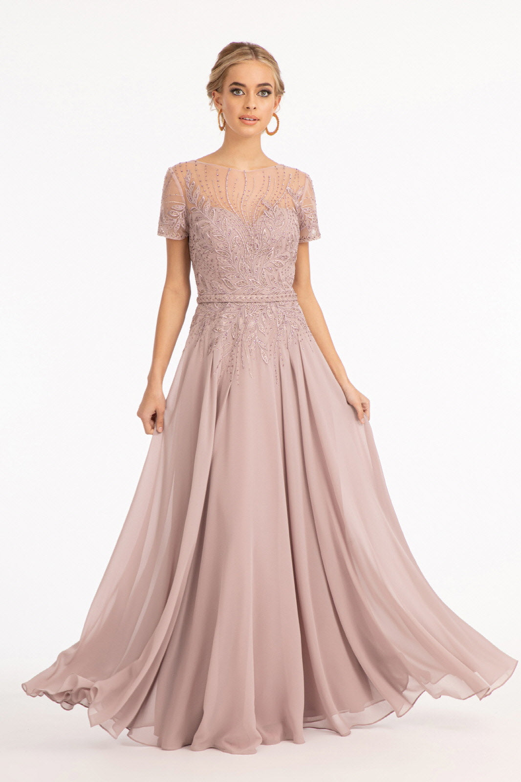 Embroidered Chiffon A-line Dress Short Sleeves and Waistband GLGL3067 Elsy Style MOTHER OF BRIDE