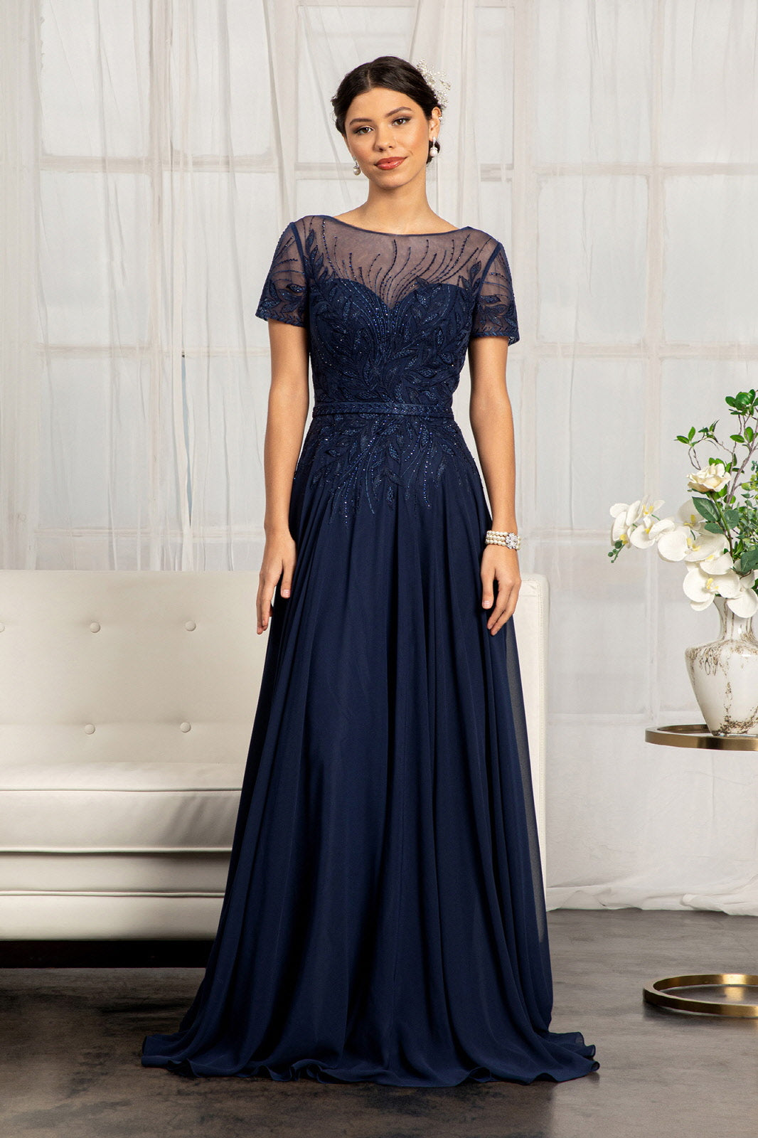 Embroidered Chiffon A-line Dress Short Sleeves and Waistband GLGL3067 Elsy Style MOTHER OF BRIDE