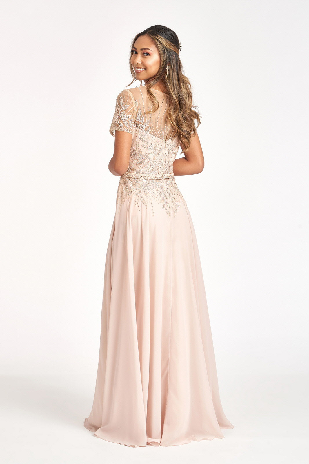 Embroidered Chiffon A-line Dress Short Sleeves and Waistband GLGL3067 Elsy Style MOTHER OF BRIDE