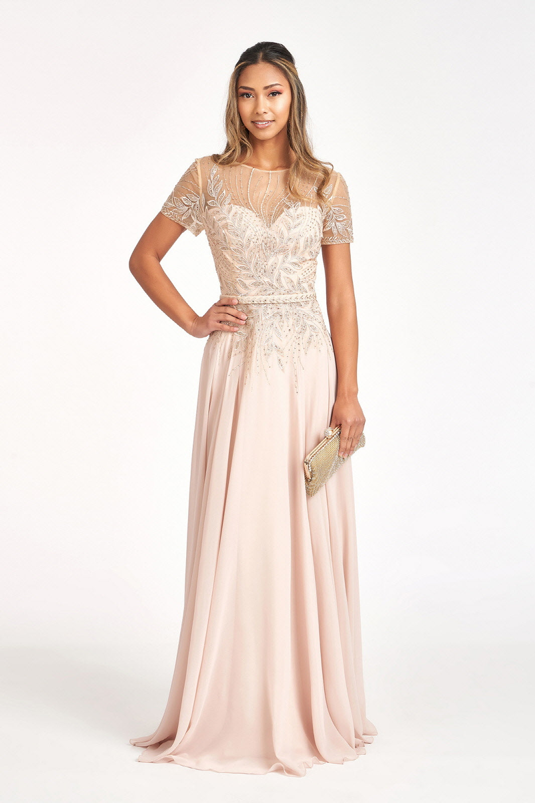 Embroidered Chiffon A-line Dress Short Sleeves and Waistband GLGL3067 Elsy Style MOTHER OF BRIDE