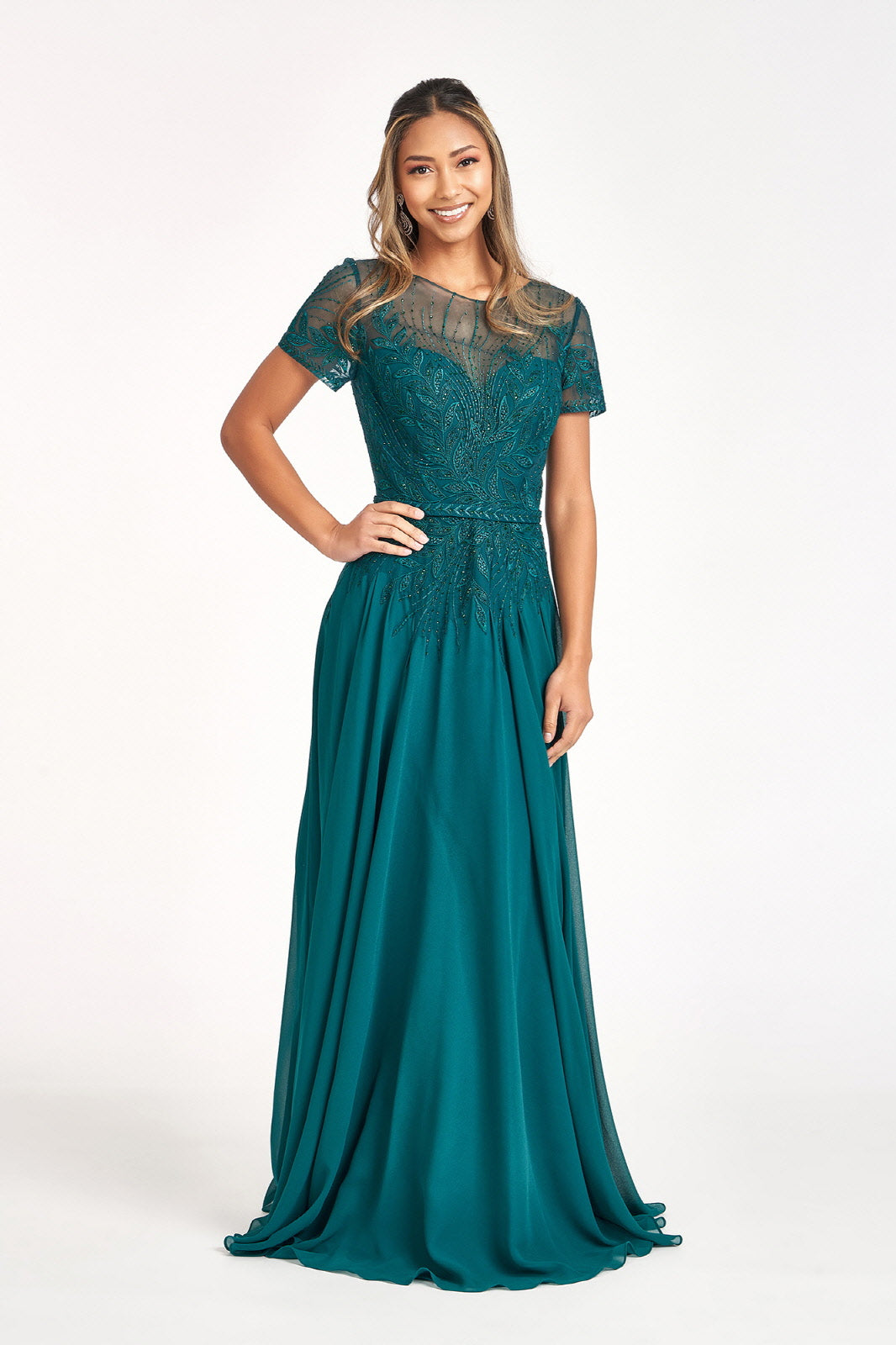 Embroidered Chiffon A-line Dress Short Sleeves and Waistband GLGL3067 Elsy Style MOTHER OF BRIDE