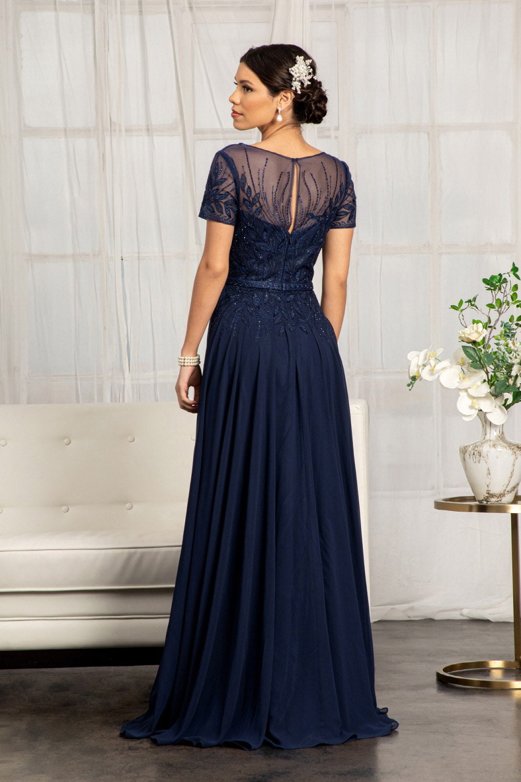 Embroidered Chiffon A-line Dress Short Sleeves and Waistband GLGL3067 Elsy Style MOTHER OF BRIDE