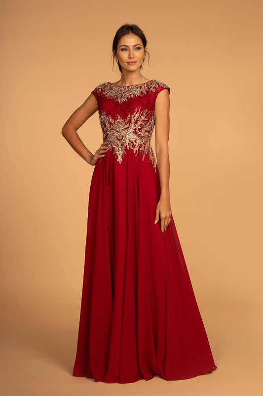 Embroidered Lace Bodice Chiffon Long Dress with Cap Sleeve GLGL2519 Elsy Style MOTHER OF BRIDE