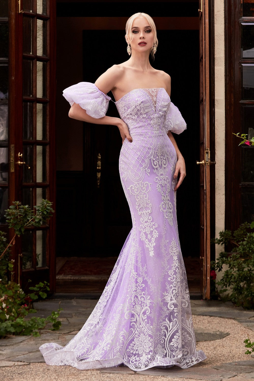 Embroidered Lace Mermaid Puff Sleeves Strapless Long Mother Of The Bride Gown CDCD958 Elsy Style Mother Of The Bride Dress