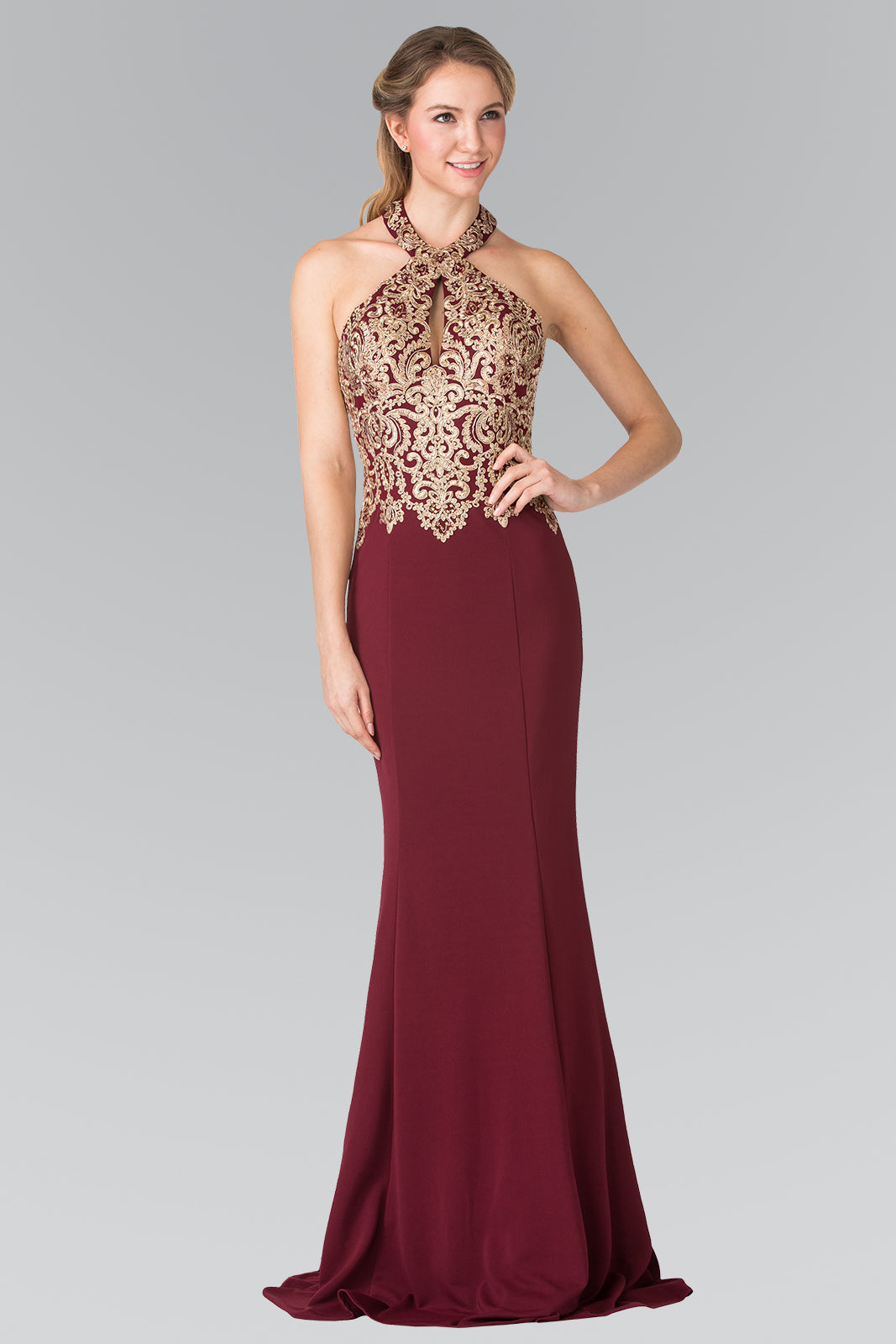 Embroidered Neck Halter Jersey Long Dress with Open Back GLGL2231 Elsy Style PROM