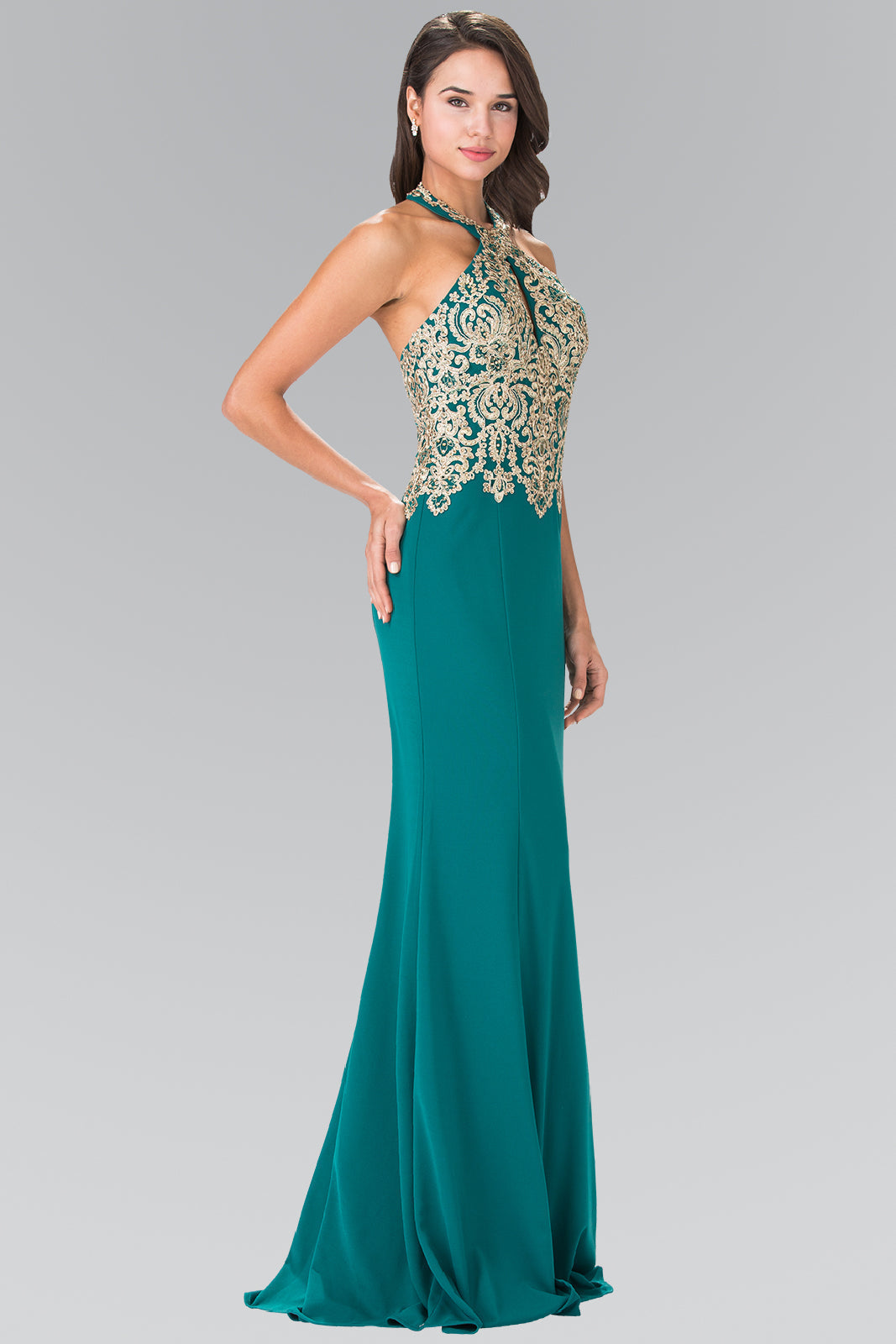 Embroidered Neck Halter Jersey Long Dress with Open Back GLGL2231 Elsy Style PROM