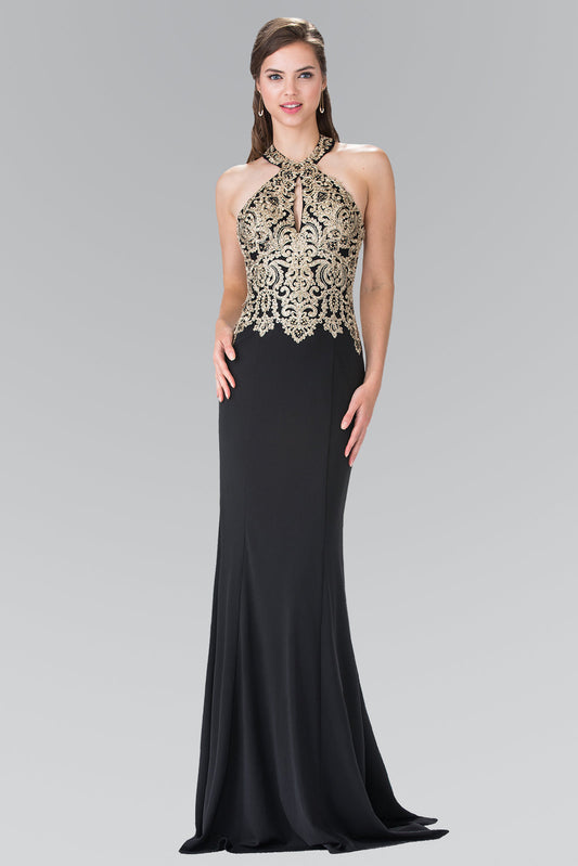 Embroidered Neck Halter Jersey Long Dress with Open Back GLGL2231 Elsy Style PROM