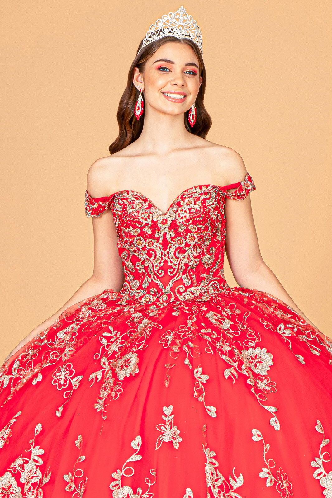 Embroidered Off Shoulder Mesh Quinceanera Dress Separate Long Sleeves GLGL3074 Elsy Style QUINCEANERA