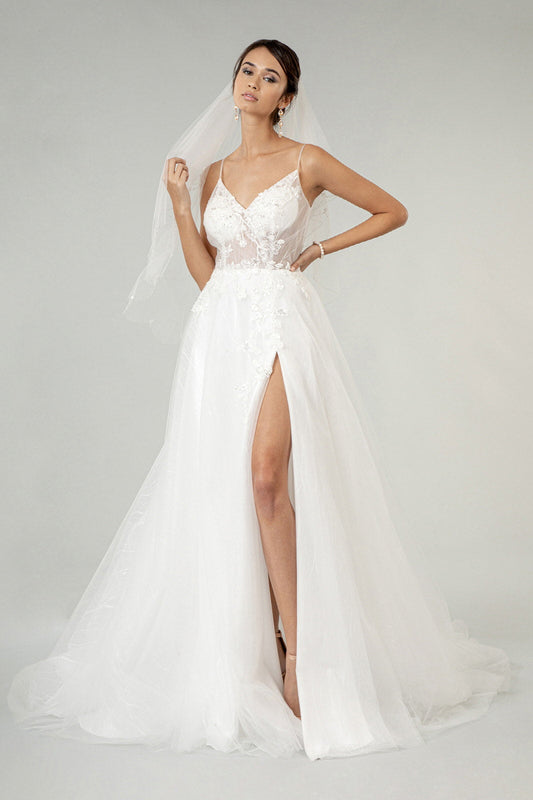 Embroidered Sheer Bodice V-Neck Wedding Gown /w Tail - Mask Not Included GLGL1907 Elsy Style WEDDING GOWNS