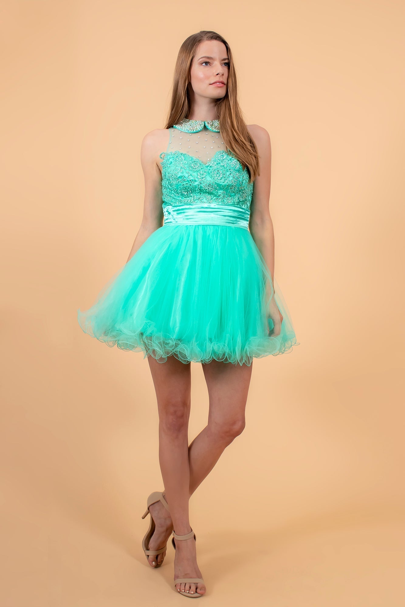 Embroidered Tulle Short Dress with Beaded Collar and Illusion Sweetheart Neckline GLGS2032 Elsy Style HOMECOMING