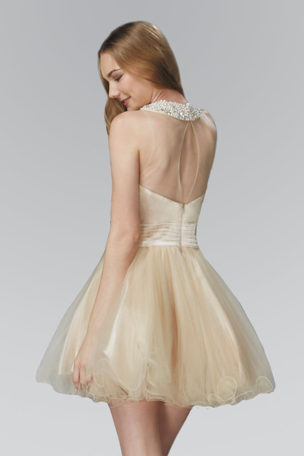 Embroidered Tulle Short Dress with Beaded Collar and Illusion Sweetheart Neckline GLGS2032 Elsy Style HOMECOMING