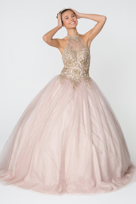 Embroidery and Jewel Embellished Halter Neck Glitter Mesh Ball Gown - Mask Not Included GLGL2805 Elsy Style QUINCEANERA