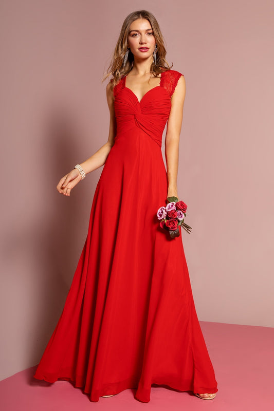 Empire Waist Long Dress with Ruched Bodice and Lace Back GLGL1376 Elsy Style PROM