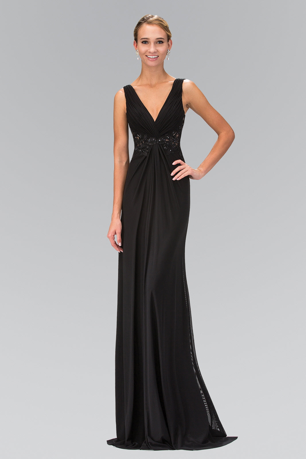 Empire Waist V-Neck Ruched Long Dress with Lace Back GLGL1377 Elsy Style PROM