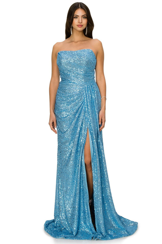 Fitted Strapless Ruched Sequin Side Slit Long Evening Dress CU8052J Elsy Style Evening Dress