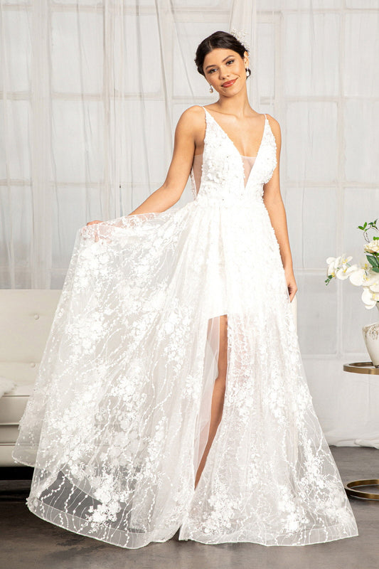 Floral 3D Applique Embellished Mesh V-Neck Wedding Dress GLGL1984 Elsy Style WEDDING GOWNS