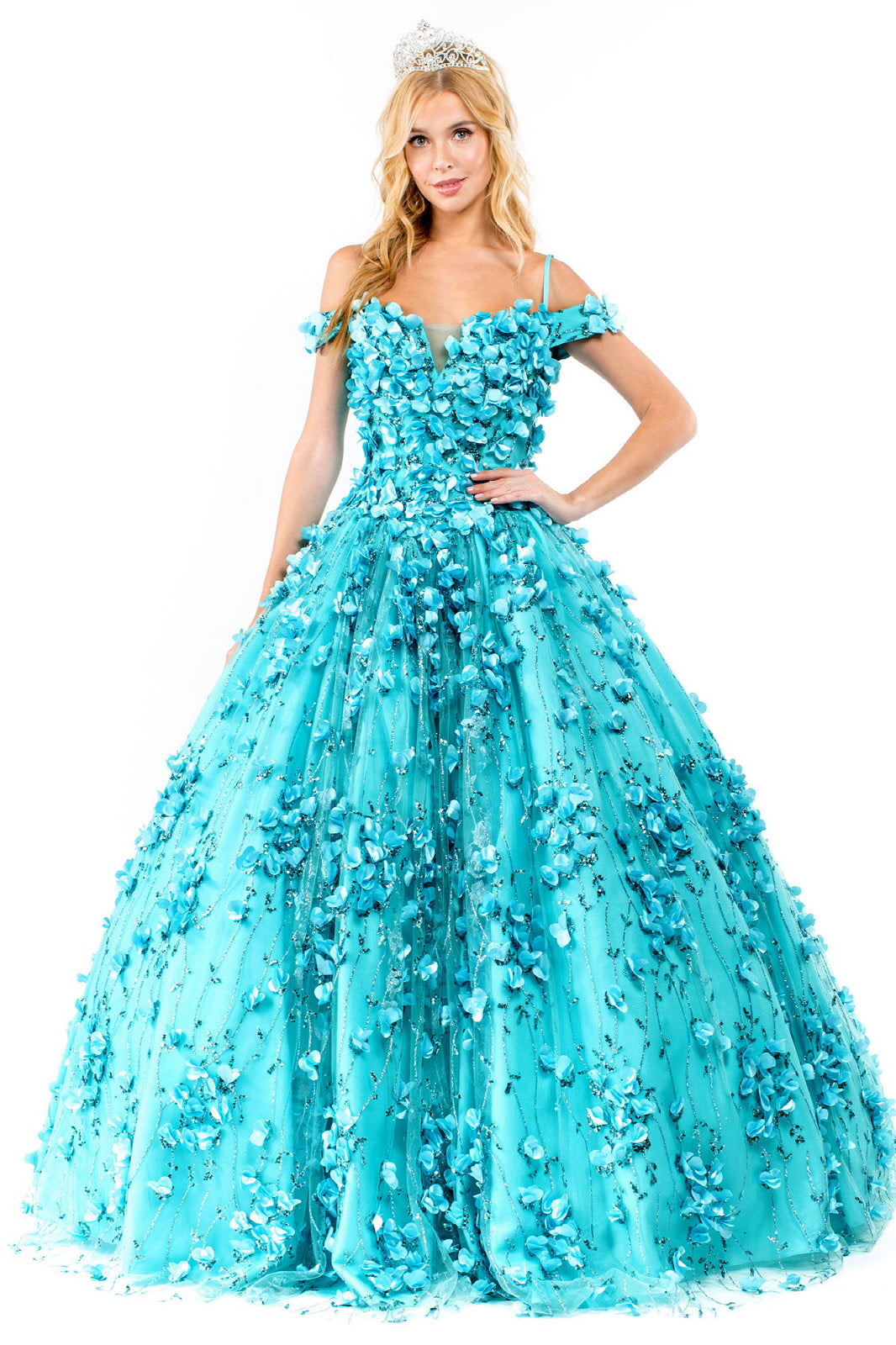 Floral 3D Applique Sweetheart Neckline Glitter Mesh Quinceanera Dress GLGL1962 Elsy Style QUINCEANERA