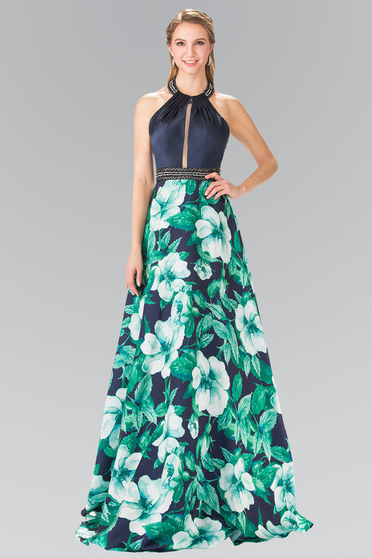 Flower Print Halter-Neck Mikado Long Dress GLGL2302 Elsy Style PROM