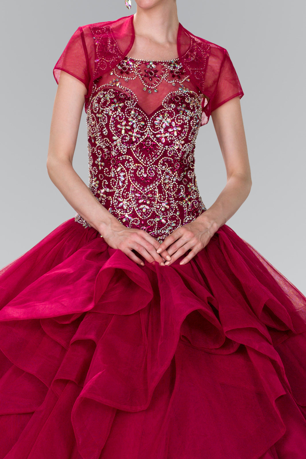 Full Beaded Bodice Illusion Sweethearted Ball Gown /w Bolero GLGL2378 Elsy Style QUINCEANERA