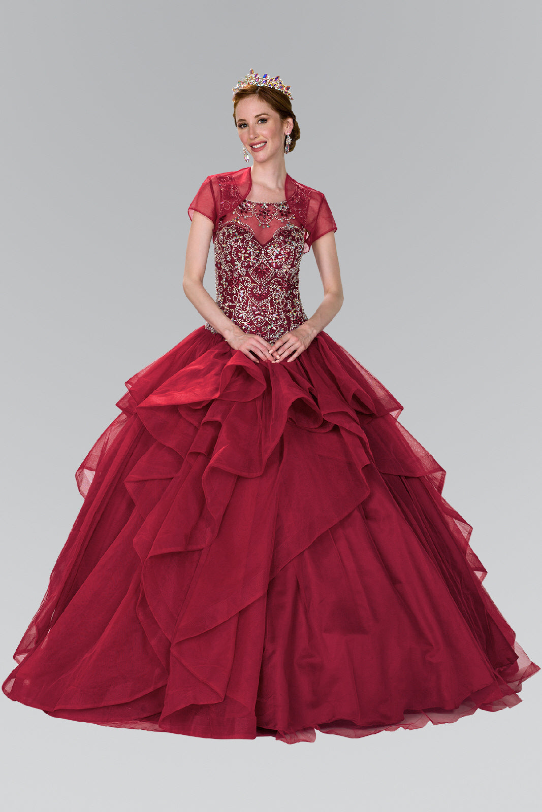 Full Beaded Bodice Illusion Sweethearted Ball Gown /w Bolero GLGL2378 Elsy Style QUINCEANERA