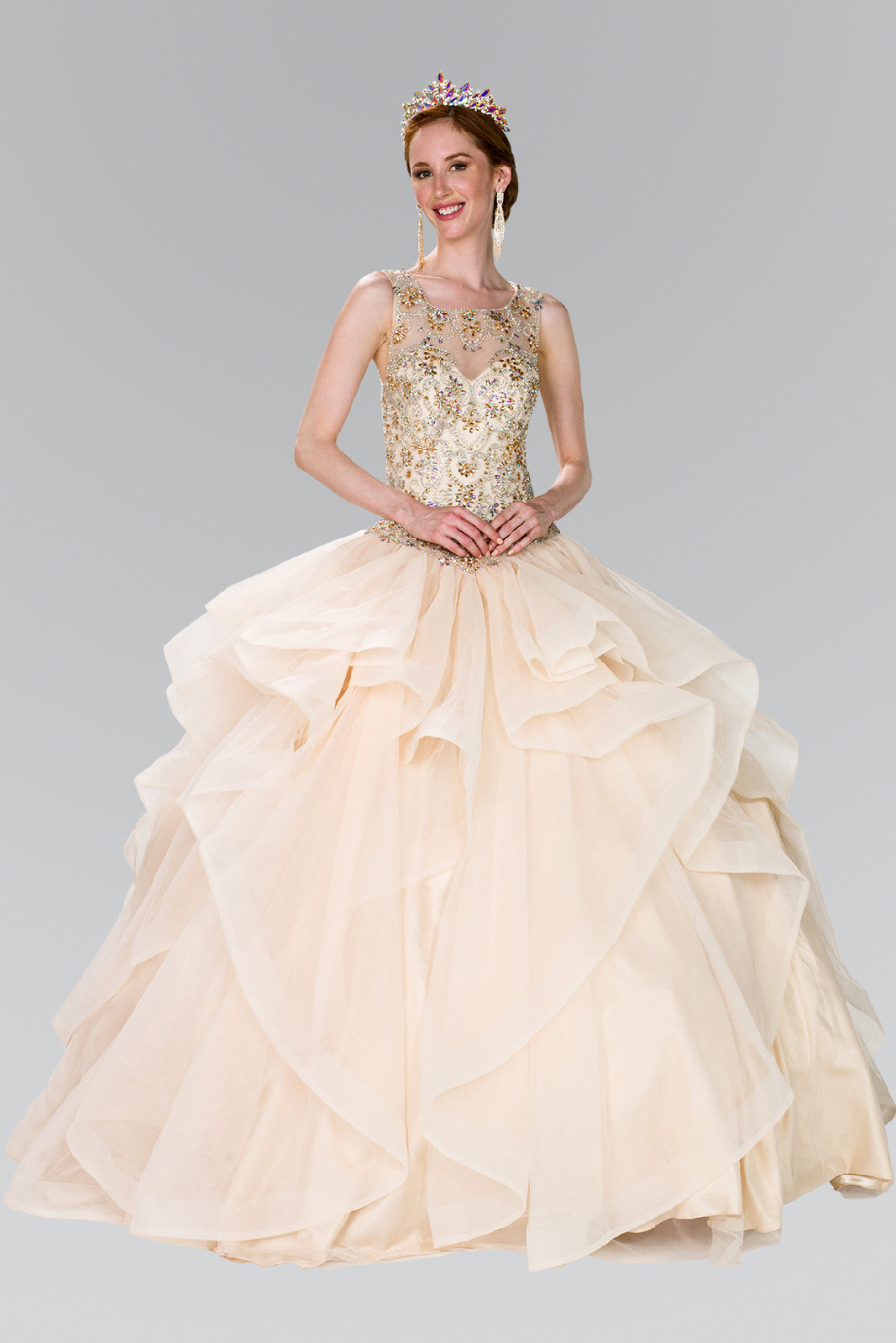 Full Beaded Bodice Illusion Sweethearted Ball Gown /w Bolero GLGL2378 Elsy Style QUINCEANERA