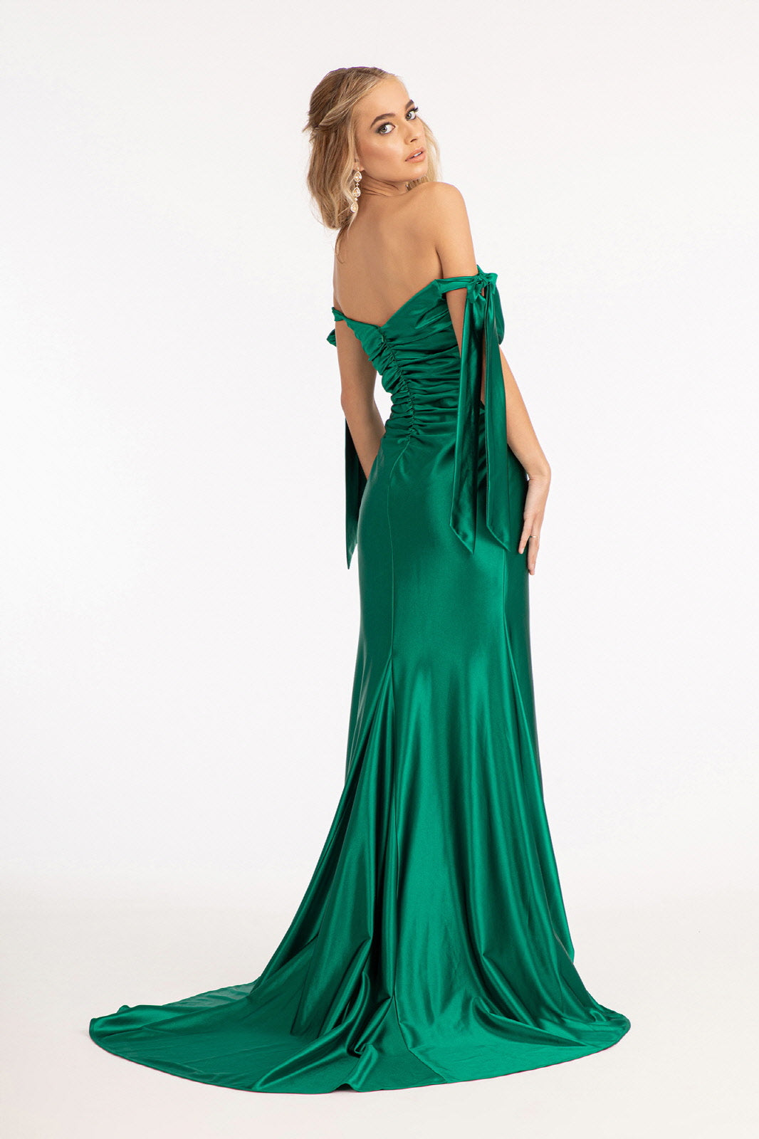 Gathered Bodice Satin Mermaid Dress Straight Across Neckline GLGL3059 Elsy Style PROM