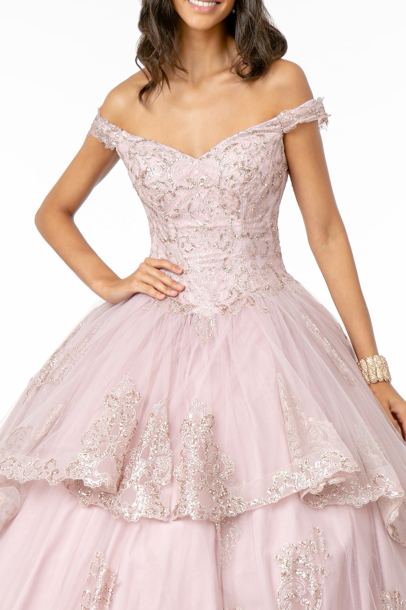 Glitter Embellished Bodice Layered Mesh Skirt Quinceanera Dress GLGL1819 Elsy Style QUINCEANERA