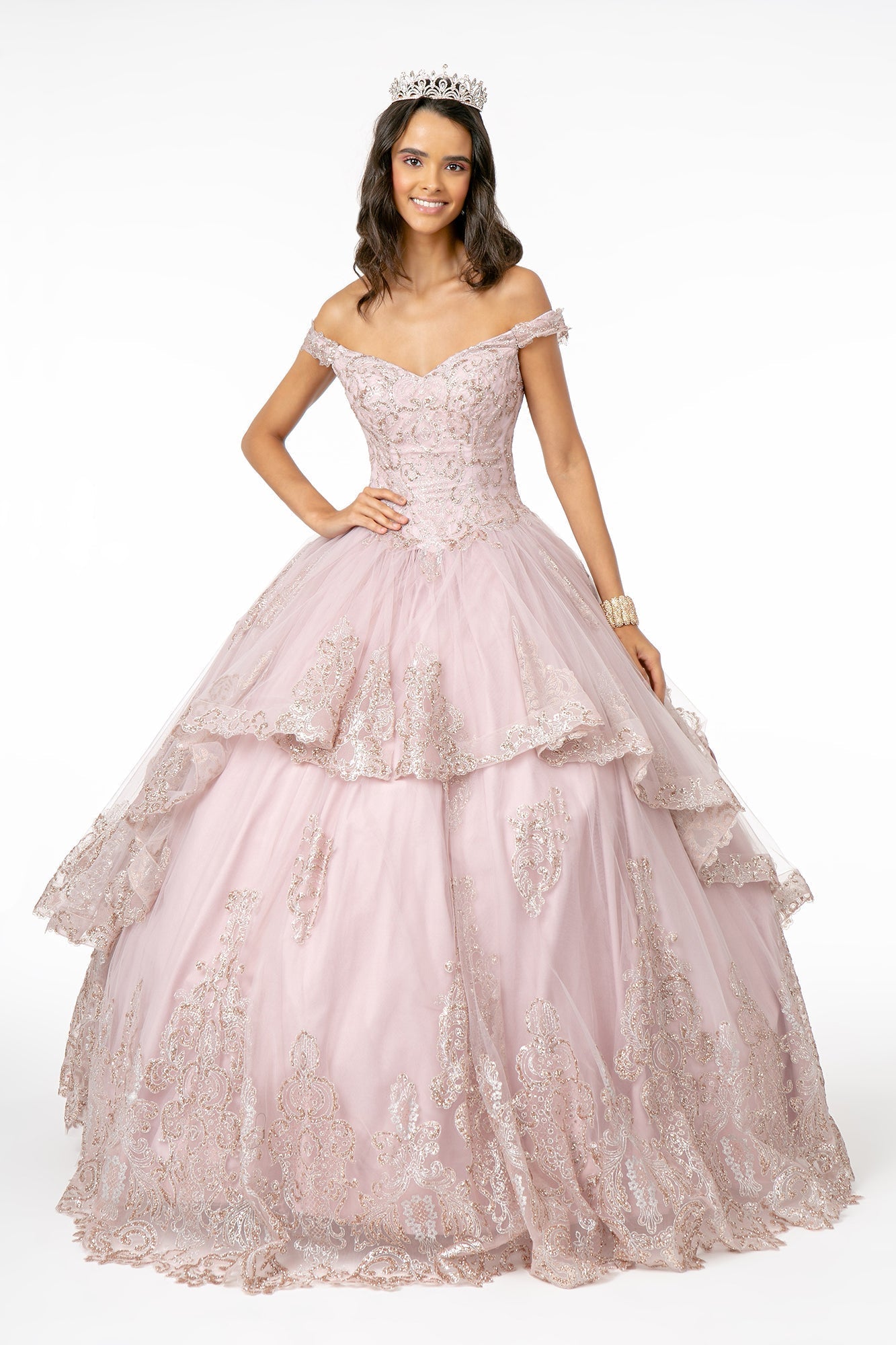 Glitter Embellished Bodice Layered Mesh Skirt Quinceanera Dress GLGL1819 Elsy Style QUINCEANERA