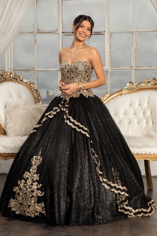 Glitter Embellished Mesh Quinceanera Ball Gown Sweetheart Neckline (Petticoat Included) GLGL3022 Elsy Style QUINCEANERA