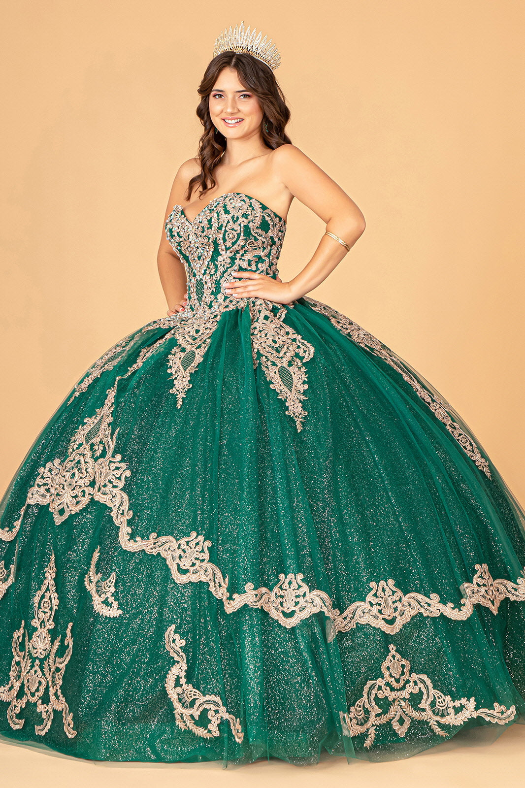 Glitter Jewel Embellished Quinceanera Gown Long Mesh Cape GLGL3078 Elsy Style QUINCEANERA