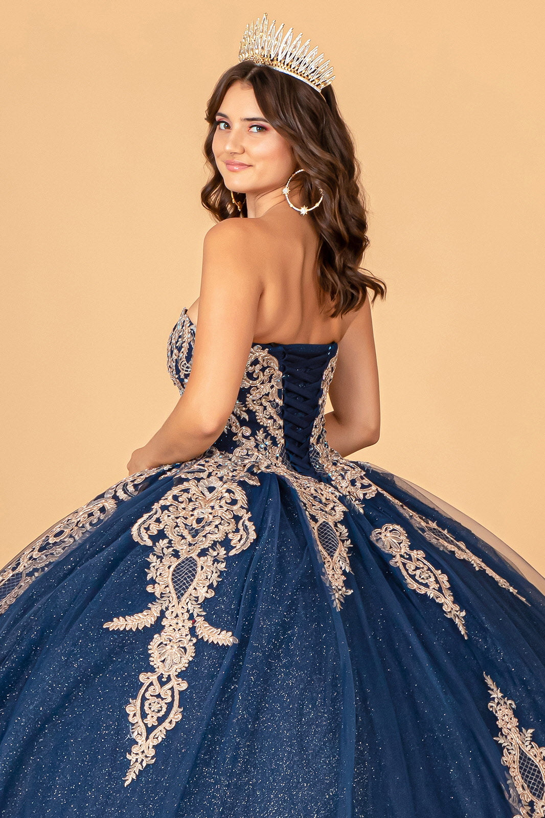 Glitter Jewel Embellished Quinceanera Gown Long Mesh Cape GLGL3078 Elsy Style QUINCEANERA