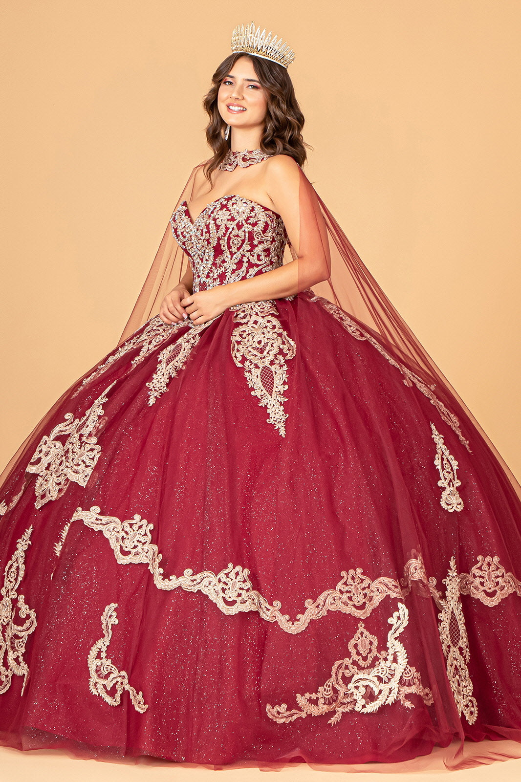 Glitter Jewel Embellished Quinceanera Gown Long Mesh Cape GLGL3078 Elsy Style QUINCEANERA