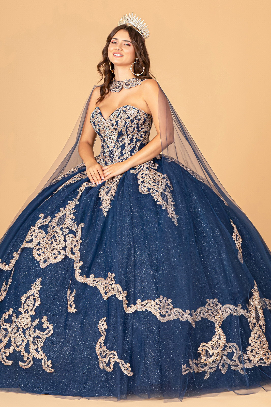 Glitter Jewel Embellished Quinceanera Gown Long Mesh Cape GLGL3078 Elsy Style QUINCEANERA