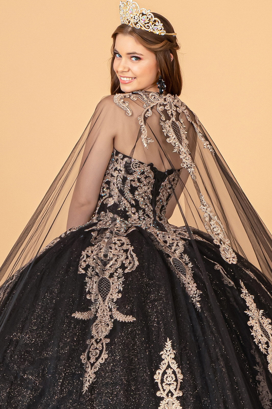 Glitter Jewel Embellished Quinceanera Gown Long Mesh Cape GLGL3078 Elsy Style QUINCEANERA