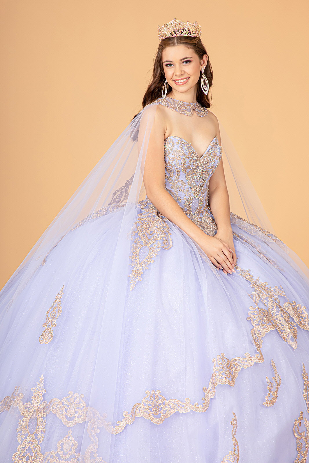 Glitter Jewel Embellished Quinceanera Gown Long Mesh Cape GLGL3078 Elsy Style QUINCEANERA