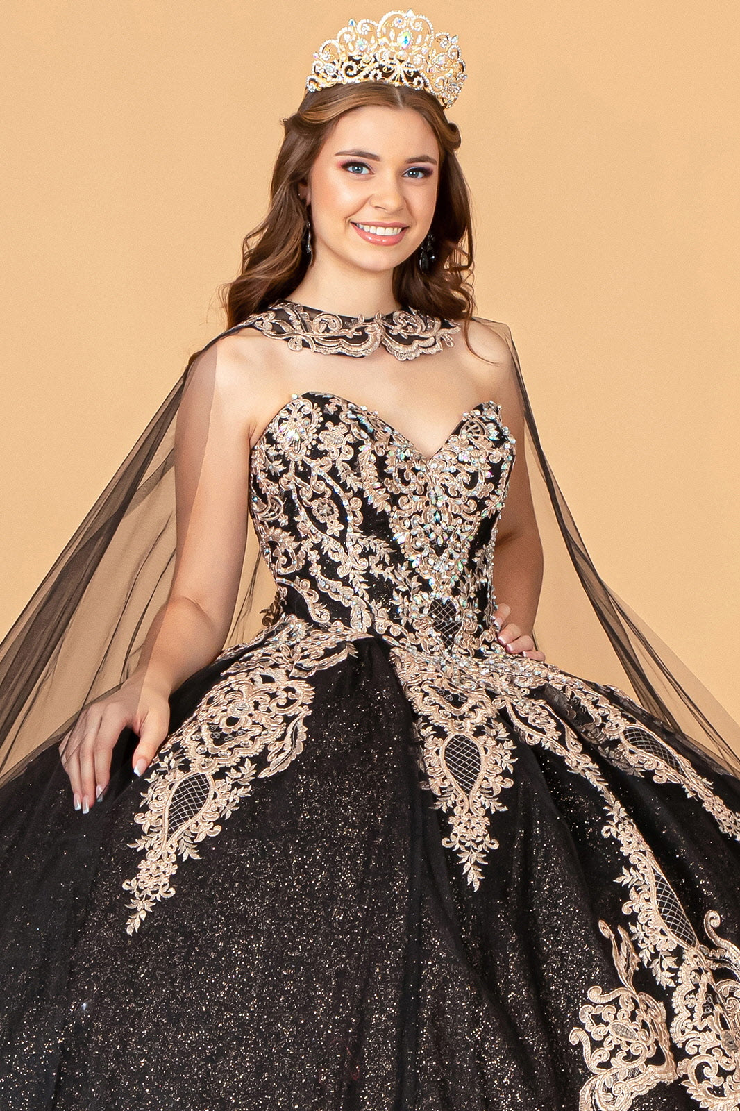 Glitter Jewel Embellished Quinceanera Gown Long Mesh Cape GLGL3078 Elsy Style QUINCEANERA