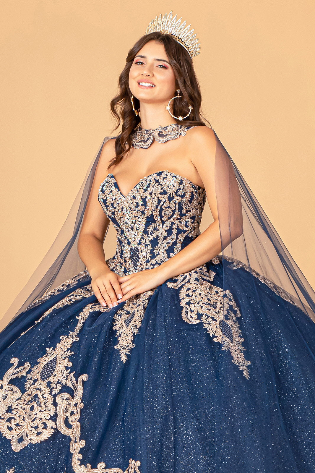 Glitter Jewel Embellished Quinceanera Gown Long Mesh Cape GLGL3078 Elsy Style QUINCEANERA