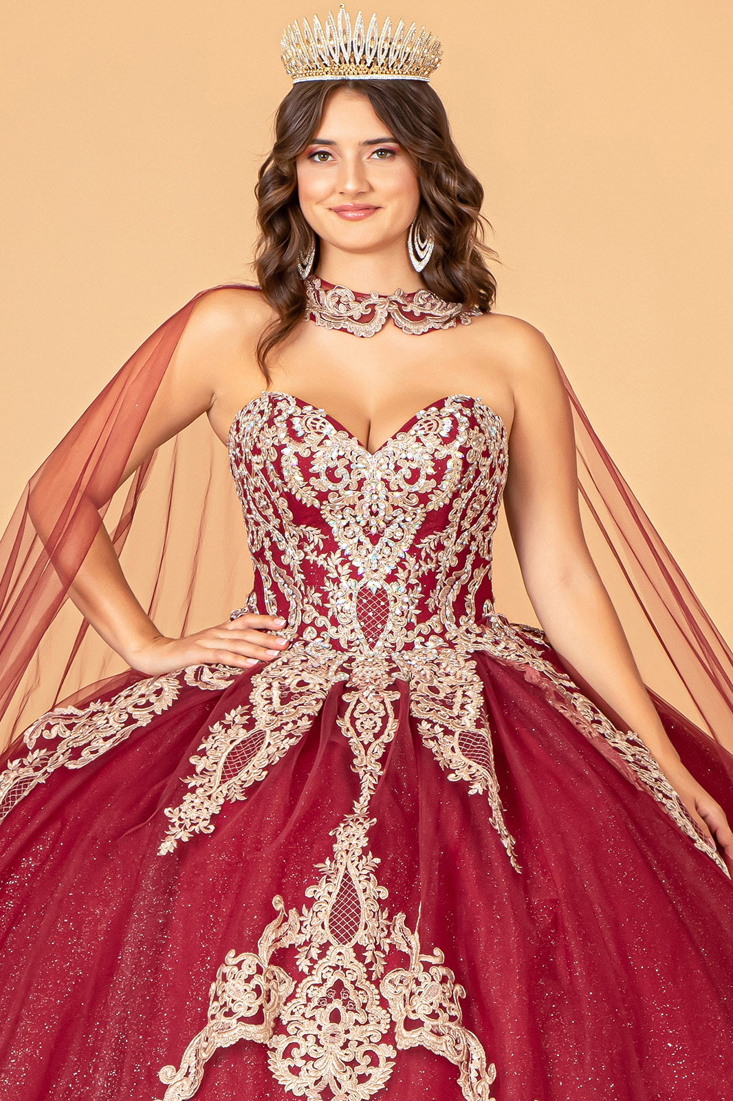 Glitter Jewel Embellished Quinceanera Gown Long Mesh Cape GLGL3078 Elsy Style QUINCEANERA