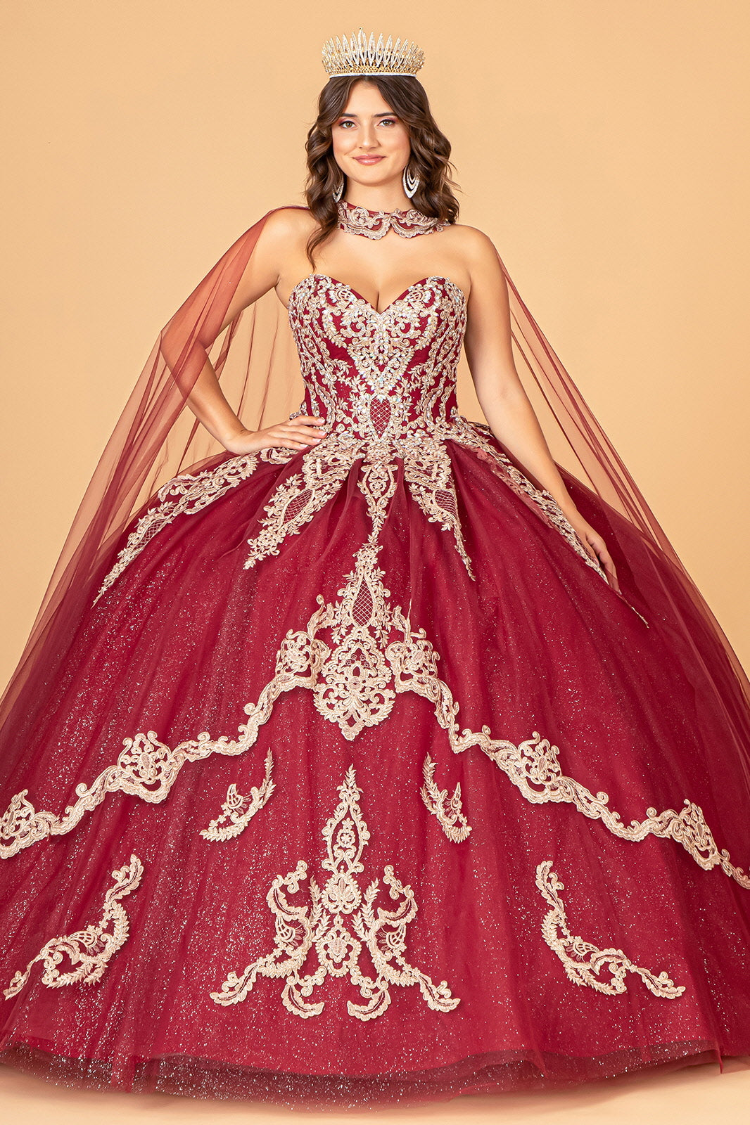 Glitter Jewel Embellished Quinceanera Gown Long Mesh Cape GLGL3078 Elsy Style QUINCEANERA