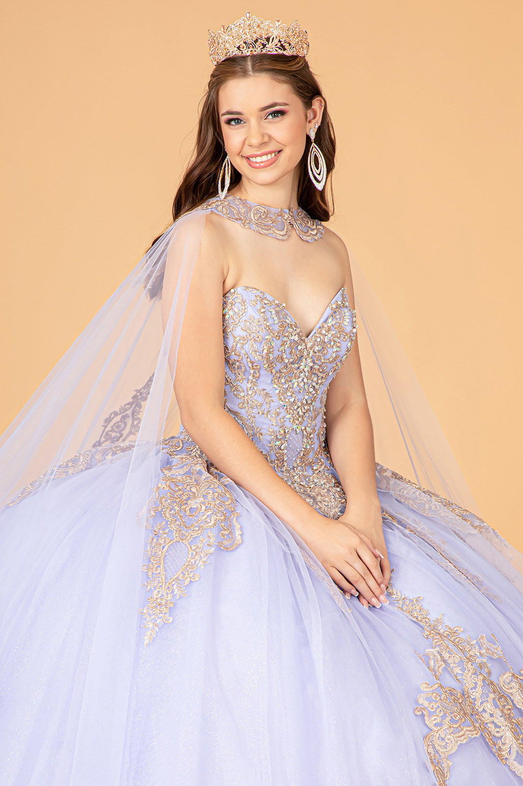 Glitter Jewel Embellished Quinceanera Gown Long Mesh Cape GLGL3078 Elsy Style QUINCEANERA