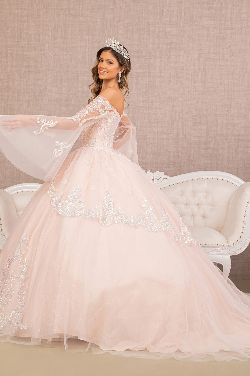 Glitter Layered Hem Quinceanera Gown Long Mesh Sleeves GLGL3109 Elsy Style QUINCEANERA