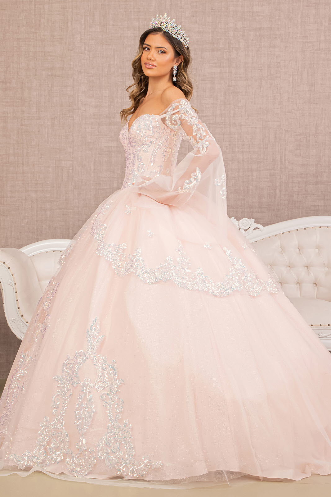 Glitter Layered Hem Quinceanera Gown Long Mesh Sleeves GLGL3109 Elsy Style QUINCEANERA