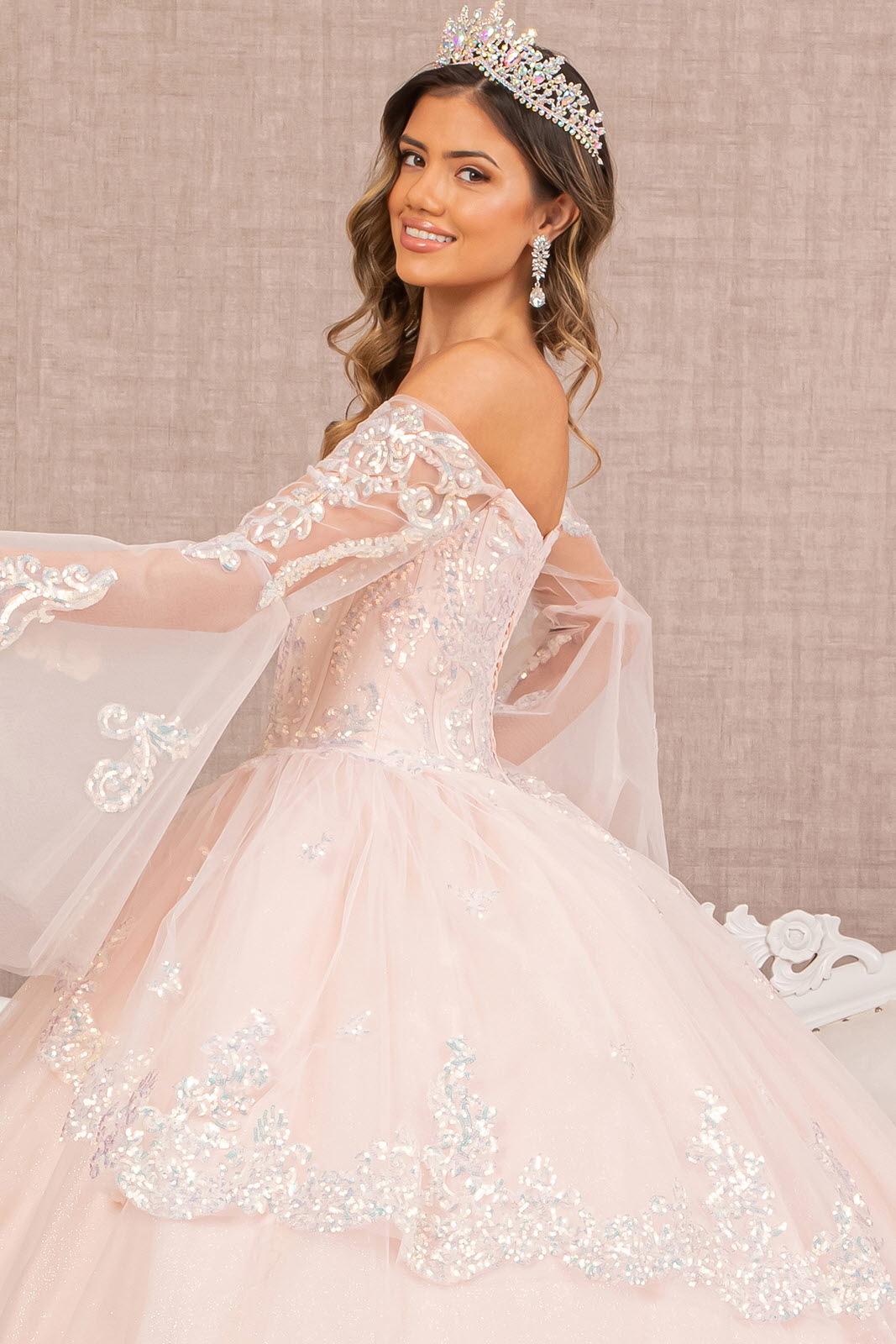 Glitter Layered Hem Quinceanera Gown Long Mesh Sleeves GLGL3109 Elsy Style QUINCEANERA