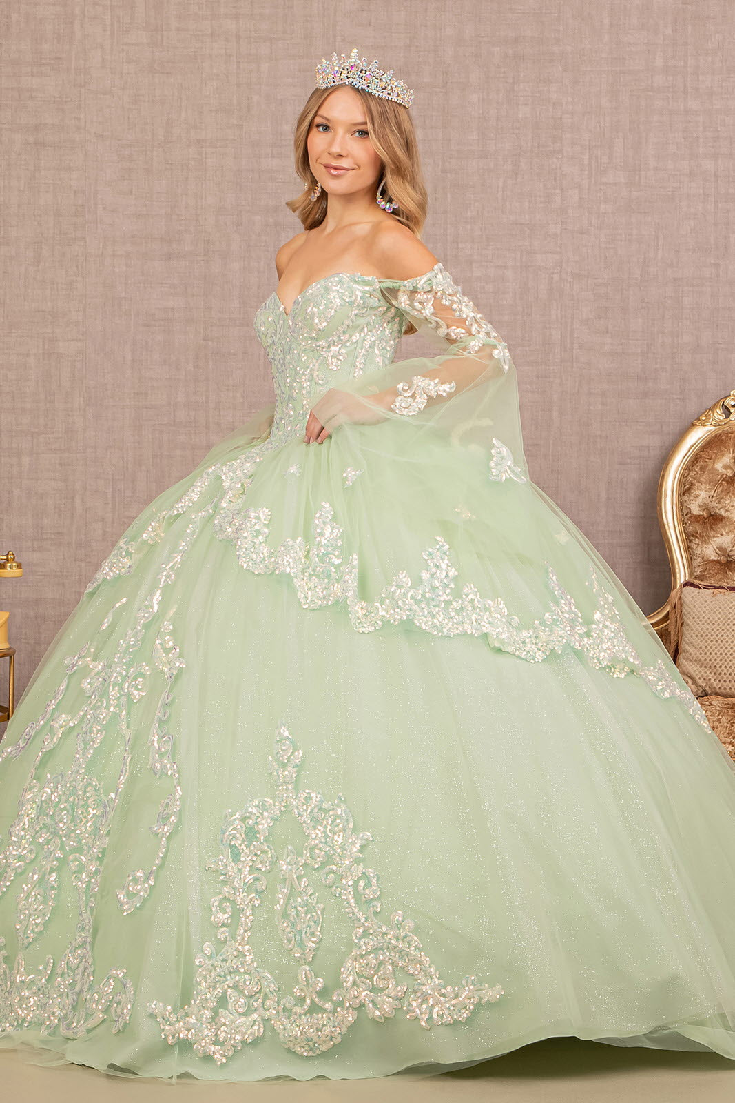 Glitter Layered Hem Quinceanera Gown Long Mesh Sleeves GLGL3109 Elsy Style QUINCEANERA