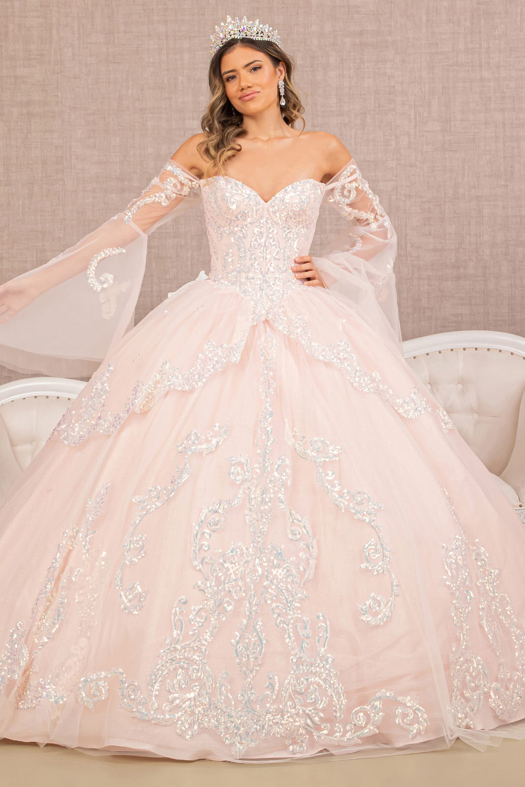 Glitter Layered Hem Quinceanera Gown Long Mesh Sleeves GLGL3109 Elsy Style QUINCEANERA