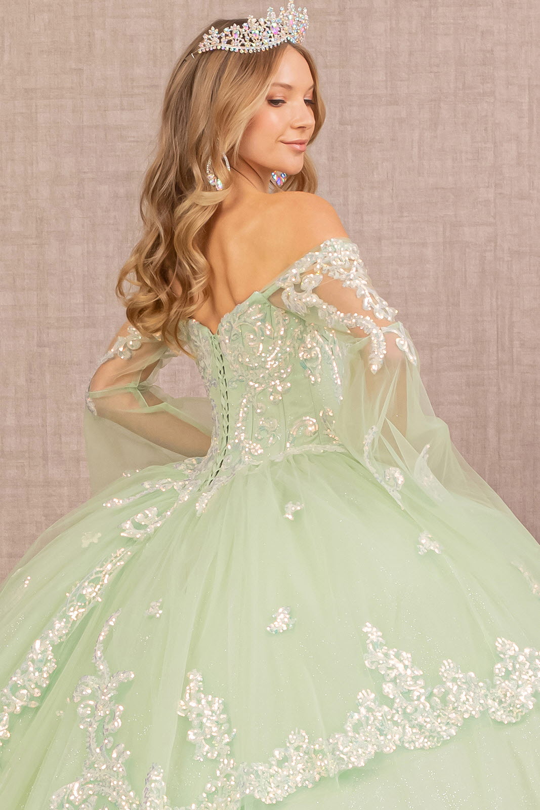 Glitter Layered Hem Quinceanera Gown Long Mesh Sleeves GLGL3109 Elsy Style QUINCEANERA