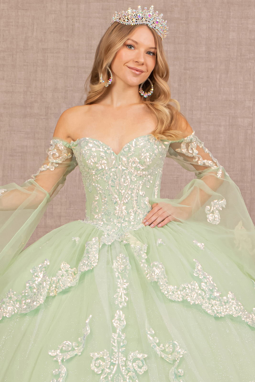 Glitter Layered Hem Quinceanera Gown Long Mesh Sleeves GLGL3109 Elsy Style QUINCEANERA