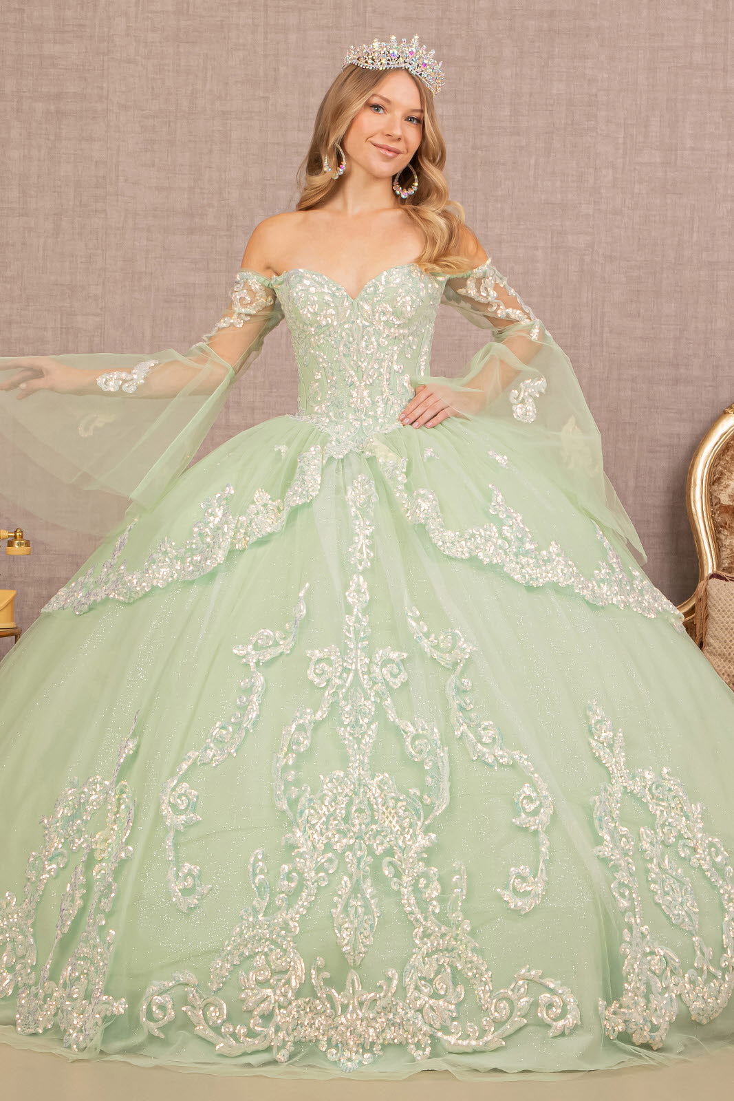 Glitter Layered Hem Quinceanera Gown Long Mesh Sleeves GLGL3109 Elsy Style QUINCEANERA